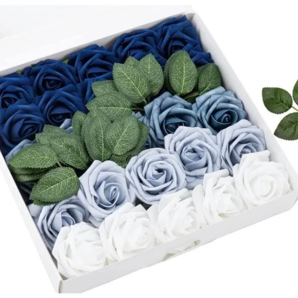 25 Count | Navy Blue Shades Roses Wedding Bouquet Flowers Centerpiece Dusty Whit